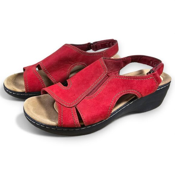 Clarks Womens Merliah Style Wedge Sandals Red Leather Slingback Size 9M - Picture 1 of 11